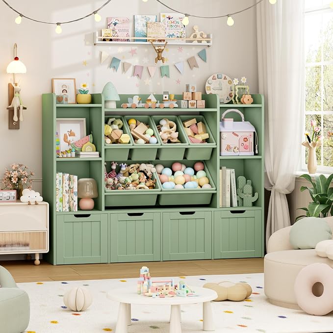 Toy Storage Organizer with Movable Drawer Toy Organizer for Kids | Large Toy Organizers and Storage with 6 Storage Cubbies, Kids Toy Storage and Toy Chest for Playroom and Kids Room, Green - Image 2