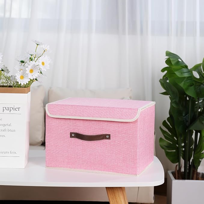 ANMINY Fabric Storage Box Bins with Lids, Pink, 13"x9"x7.9" | Keepsake Memory Storage, Cotton Linen, PP Board Reinforced, Washable, PU Handles, Foldable & Stackable, Decorative, Medium - Image 7