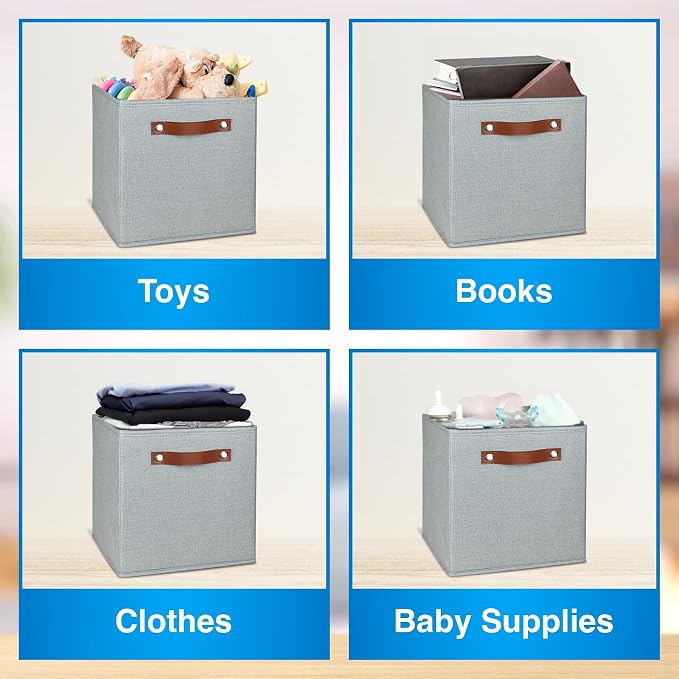 11 Inch Cube Storage Bin - 6 Pack - Linen Fabric 11x11 Cube Storage Bins for Bedroom, Living Room, Clothes and Toys; Foldable, Dual Leather Handles - Image 5
