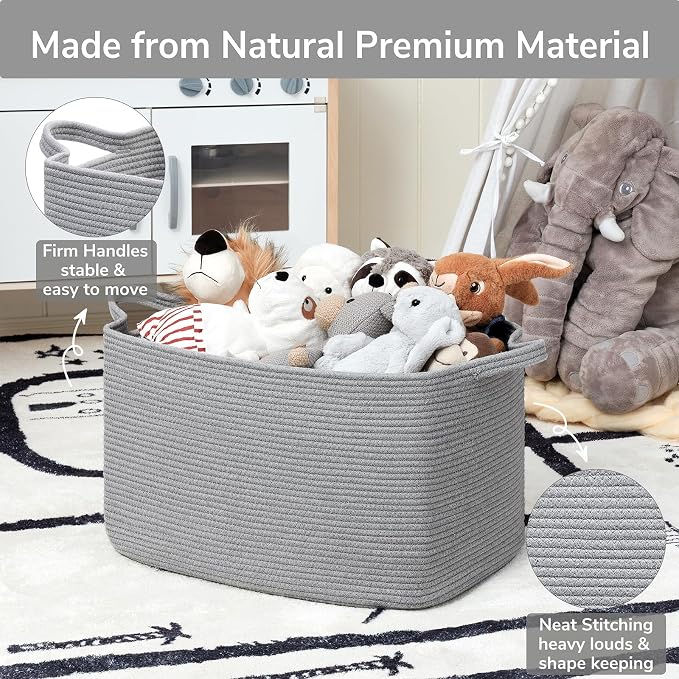 Goodpick Large Woven Rope Blanket Basket, Rectangle, Gray, 75L | 21.6'' x 14.9'' x 11.8'' Storage Basket for Toys, Blankets & Towels, Living Room & Nursery Organization, Reinforced Handles - Image 6