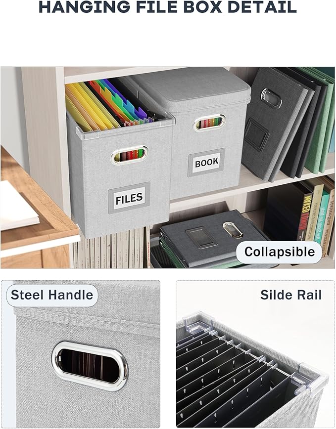 File Organizer Box with Lid, Hanging Filing File Box with Mesh Pocket, Document Organizer Box for Letter Files, Portable Storage Box with Smooth Sliding Rail for Office&Home (2 PCS, Light grey) - Image 5