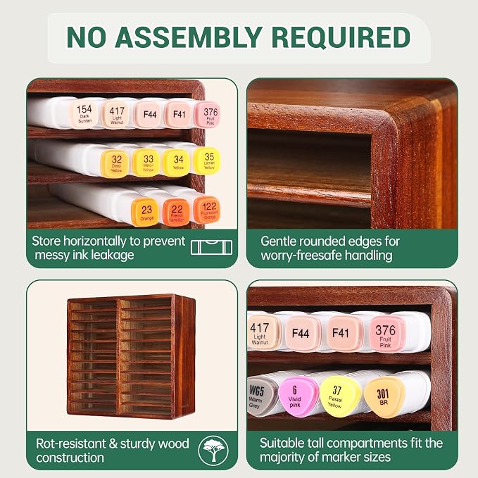 Acacia Wood Marker Organizer with 22 Compartments Holds 176 Markers, Alcohol Marker Storage Desk Organizer Pen Holder for Office Home Classroom Artists Kids Birthday Gift - Image 4