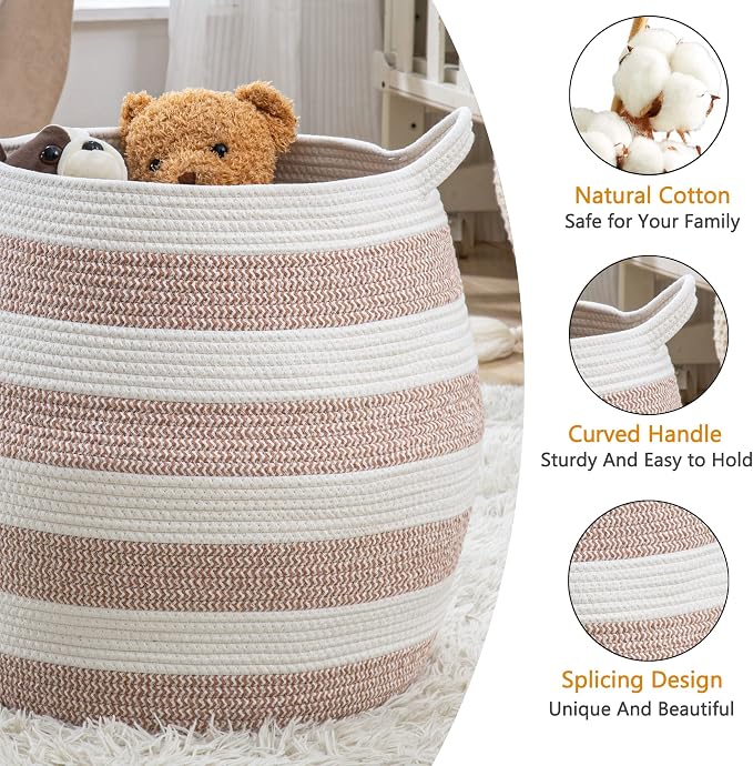 KAKAMAY Woven Baskets for Storage(17"x17"),Large Cotton Rope Woven Baby Laundry Hamper,Collapsible Laundry Basket, Blanket Basket for Organizing Living Room,Nursery,Pillows,Toy Chest(Rose) - Image 2