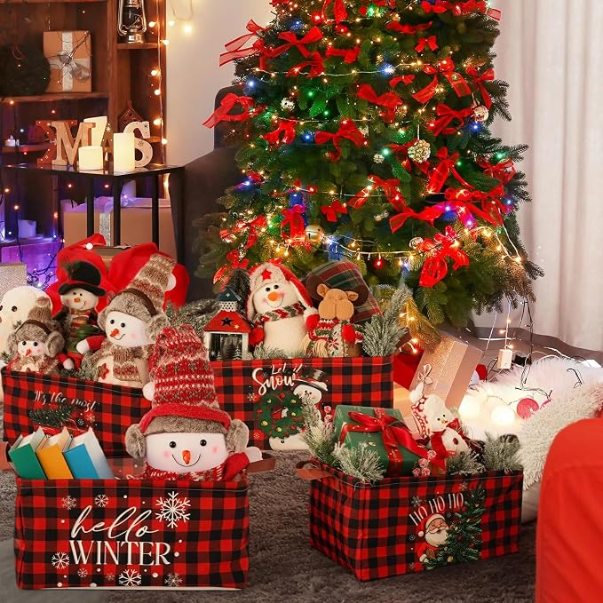 CHENGU 6 Pack Christmas Storage Basket Collapsible Christmas Basket for Gifts Buffalo Plaid Holiday Decor Large Snowman Bin Foldable Xmas Tree Box with Handle for Bedroom Office Home - Image 6