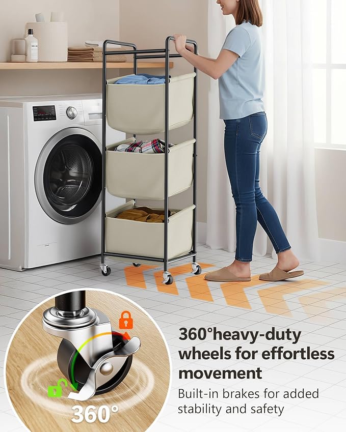 3 Section Laundry Sorter with Removable Bags, 120L Rolling Vertical Laundry Hamper, Stackable Laundry Baskets organizer for Bathroom, Apartment, Dorm (Beige, With Wheel) - Image 5