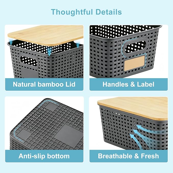 Small Plastic Storage Bins with Bamboo Lids 5.2qt Stackable Box Basket Pantry Decorative Containers Cute with Lable for Organizing Desktop Closet Office Gray of 6 packs 10 * 7.2 * 4.1" - Image 8