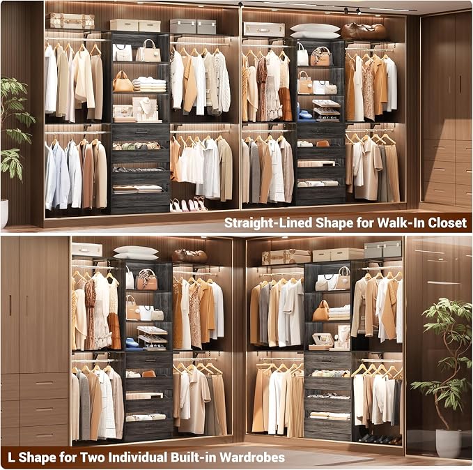 Aheaplus Closet System, Wood Closet Organizer System with Drawers,Black Oak | Set 2 Closet Wardrobe Organizer System with 4 Hanging Rods & Top Shelves, for Walk-in Closets, Cut Fits Spaces 4-9FT. Wide - Image 4