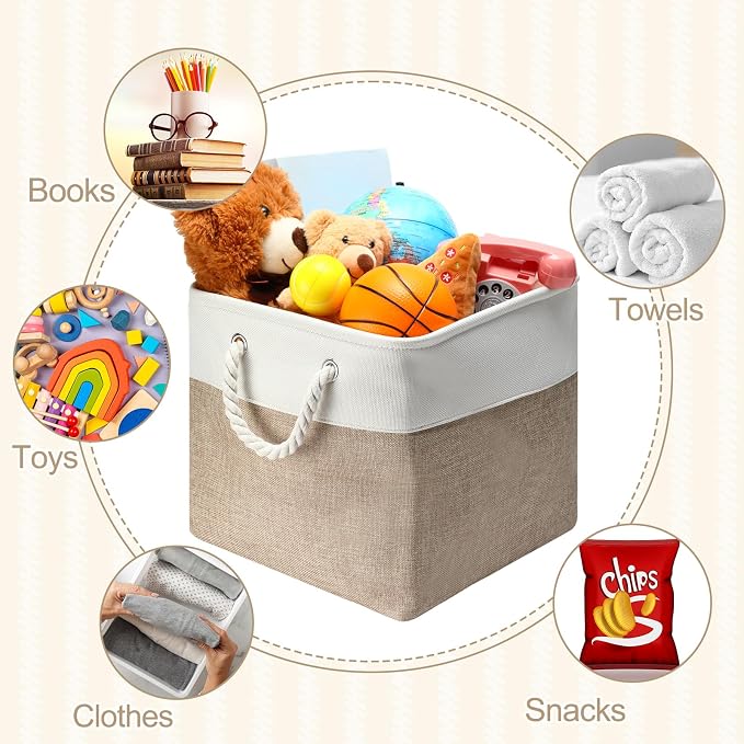FoldTier 10 Pack Large Collapsible Fabric Storage Baskets with Handles Decorative Storage Bins for Organizing Shelves Toys Clothes(White & Beige,12 x 12 x 12 Inches) - Image 6