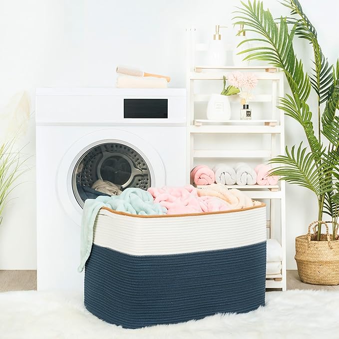 112L Extra Large Blanket Basket Holder Living Room, 25"x17"x16" Rectangle Rope Woven Storage Basket with Handles for Laundry, Towels, Shoes, Dog Toy Organizer Bin Box, Prussian Blue - Image 4