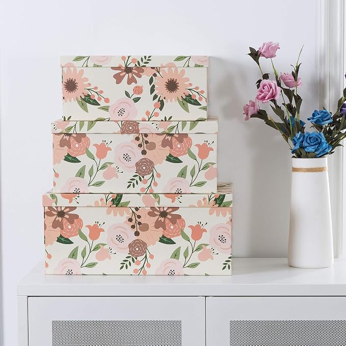 Soul & Lane - Peach Blossoms Decorative Storage Boxes with Lids, Set of 3 | Large Nesting Cardboard Keepsake Boxes for Memories, Photos and Cards, Floral Gift Storage Containers for Home Decor - Image 2