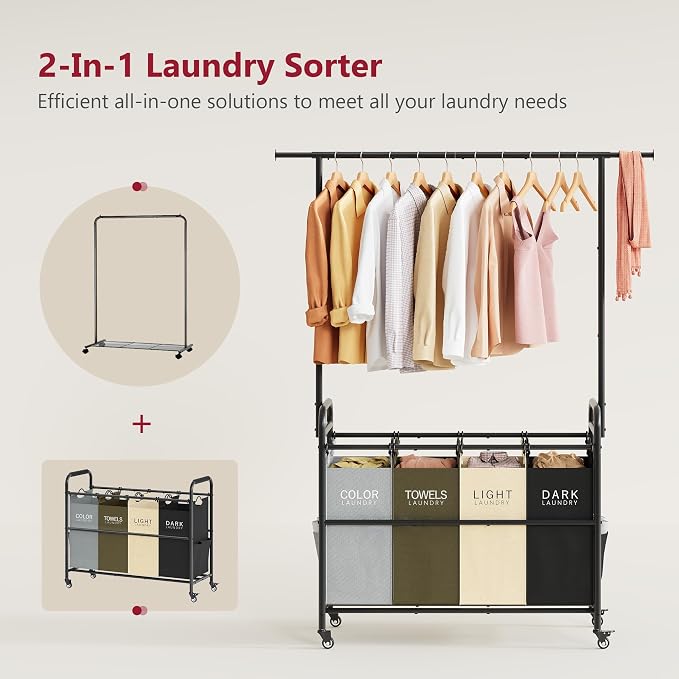 Laundry Sorter Cart with Hanging Clothes Rack, 4 Section, 4 Colors | Laundry Hamper Cart with Removable Bags, Laundry Sorter with Wheels, 4 Bag Laundry Basket Organizer for Laundry Room, Family - Image 3