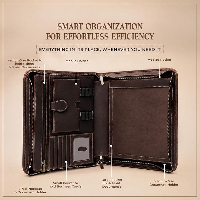 Leather Portfolio Binder, Professional Organizer Padfolio – Resume Folder, Business Card & Document Holder, Portfolios for Men & Women, Office & Business Supplies (Large - Brown) - Image 4
