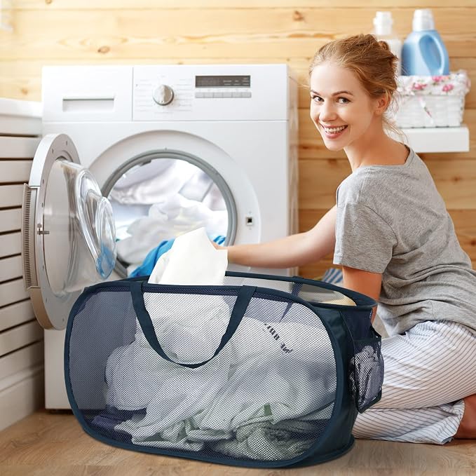 4 Pack Collapsible Laundry Baskets, Foldable Laundry Basket with Pocket, Durable Pop Up Hampers, Reinforced Handles Dirty Clothes Hamper for Laundry, Bedroom, Bathroom, Dorm, Travel or Camping Navy - Image 3