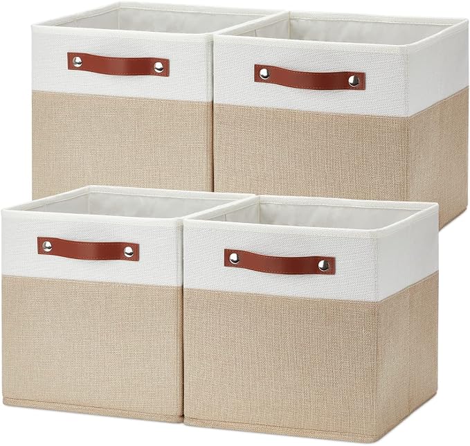 Temary Fabric Storage Cubes Bins, 11 inch Cube Storage Baskets, Foldable Cube Bins Set with Handles, Decorative Storage Boxes for Home Organizing (White & Khaki, 11 x 11 x 11) by TEMARY