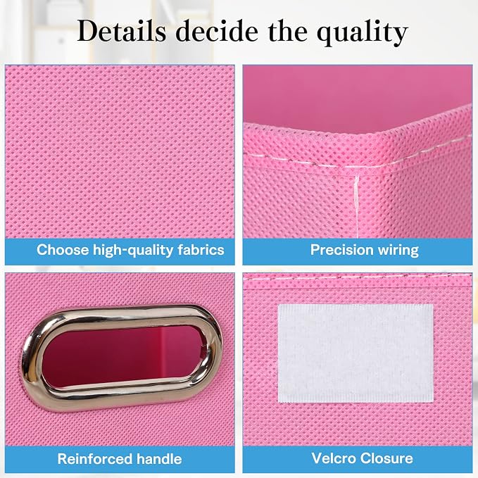 STOREONE Fabric Storage Cube Bins Foldable Organizer Container Collapsible Basket with Lids and Metal Handles, for Home, Bedroom, Closet 6 Pcs (Pink) - Image 7