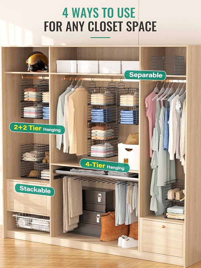 Hanging Closet Organizer, 4 Tier Metal Closet Organizers and Storage with 4 Hanging Hooks 4 S-Hooks for Wardrobe Laundry Room, Wire Storage Shelf for Clothes Sweaters Pants (Black) - Image 3