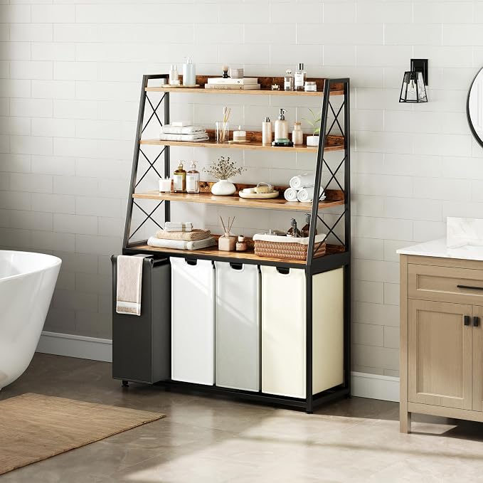 Herture Laundry Basket, 4 Section Laundry Hamper with 4 Tiers Shelf, Pull-Out and Removable Laundry Bags, Large 4 x 15.87 Gallons, for Laundry Room Bathroom Rustic Brown PF12XLN - Image 7