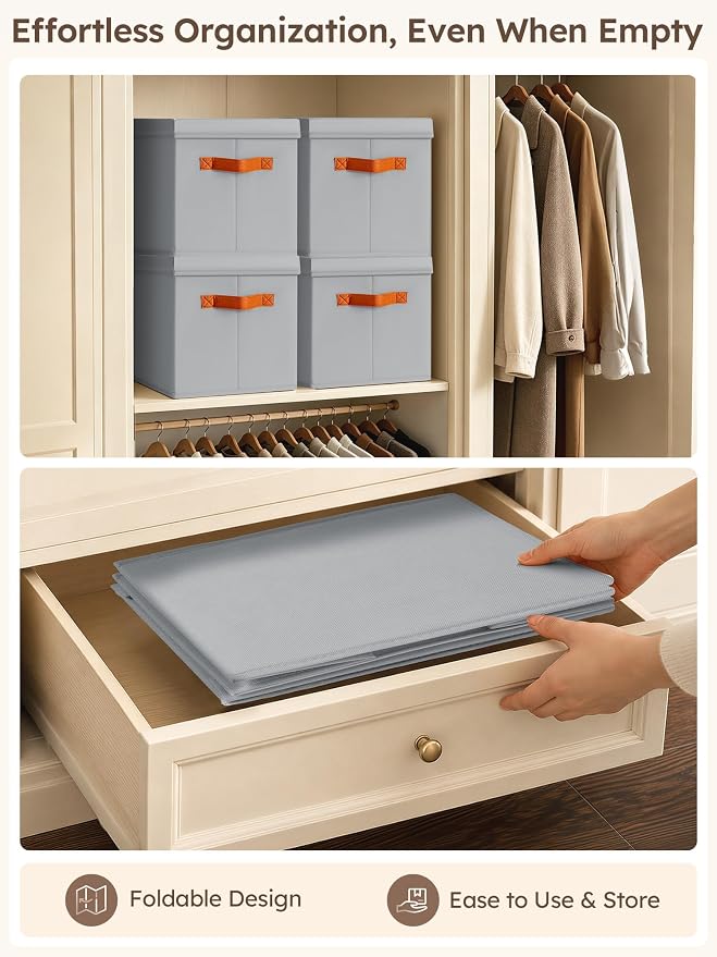 Storage Bins with Lids - Fabric Storage Baskets for Shelves, 4 Pack Foldable Decorative Boxes with Handles, Stackable Organizer Bins for Home, Nursery, Dorm, Grey - Image 5