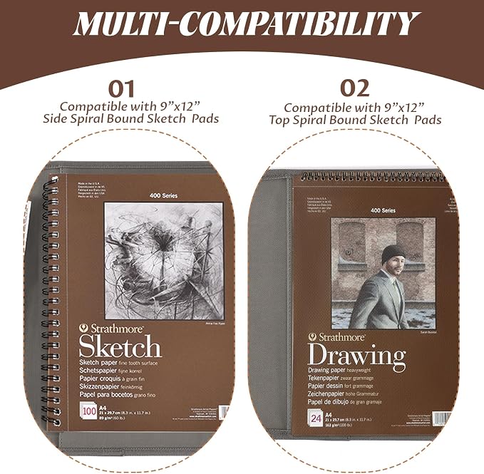 Gray Leather Sketchbook Cover 9x12, Travel Drawing Portfolio | Portable sketch kit organizer, pencil holder, Fits 9x12 Sketch Book, Spiral Pad, Compact artist storage case - Image 4