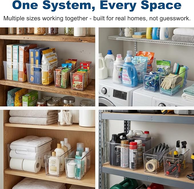 MOONEDGE 4 Pack Clear Plastic Organizer Bins, 2 Large & 2 Small Storage Set | Storage Bins for Pantry, Space-Saving Organizer Containers for Cabinets, Under-Sink, Bathroom, Kitchen, Freezer, Home Storage - Image 2