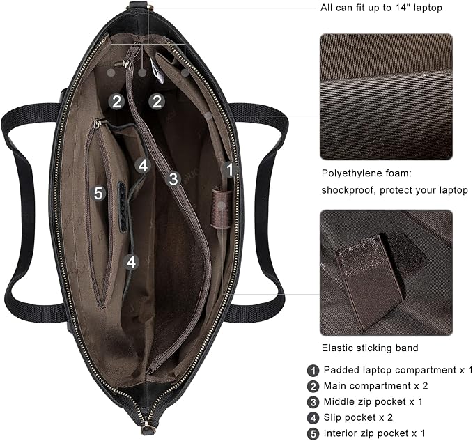 S-ZONE Women Vintage Genuine Leather Tote Bag Large Shoulder Purse Work | 14" Padded Laptop Compartment, Detachable Long Strap, Luggage Strap, Multi Pockets, Travel Everyday - Image 4