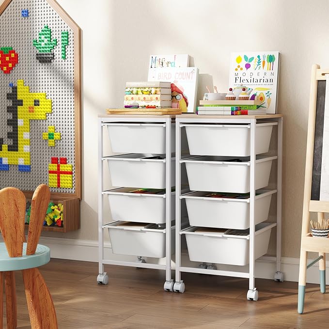 Giantex Rolling Storage Cart with 4 Drawers, Utility Cart w/Wooden Tabletop, Lockable Wheels, Multipurpose Organizer for Art Craft Scrapbook Paper, Drawer Carts for Dorm Classroom Office, White - Image 2