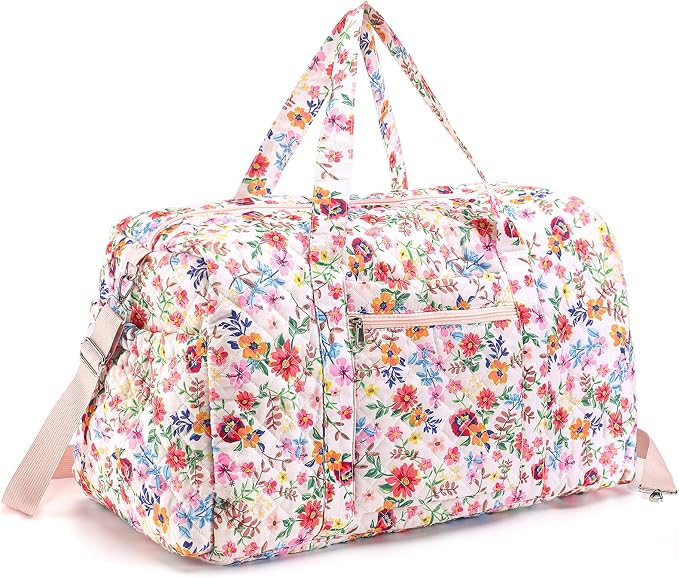 Dansydaisy Large Quilted Travel Duffle Bag for Women Floral Portable Gym Weekender Bag with Zipper Pockets Workout Grocery Pouch Duffle Gift Pouch for Work(Pink Floral) by Dansydaisy