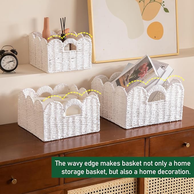 OIAHOMY Scalloped Wicker Baskets, Hand-woven Storage Baskets with Built-in Handles, Paper Rope Shelf Baskets for Organizing and Decoration, Set of 3-White - Image 6