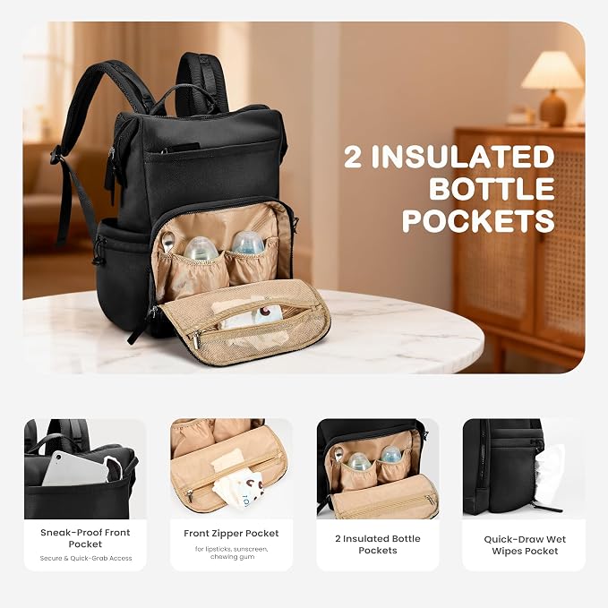 VONAL Neoprene Diaper Bag Backpack with Changing Pad, 33L Large Capacity Neoprene Backpack Baby Diaper Bag with Insulated Pockets, Travel Diaper Backpack Baby with 12 Pockets for Mom & Dad, Black - Image 3