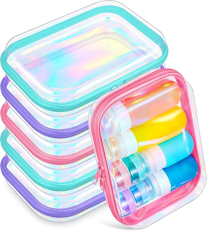 Sanwuta 6 Clear Hard Zipper Case,Holographic,7.09 X 5.12 X 2 Inch | Pencil Case Pouches ,Makeup Bag,Plastic Toiletry Diaper Bag ,Travel Toy Storage,Waterproof Organizer Bins by Sanwuta