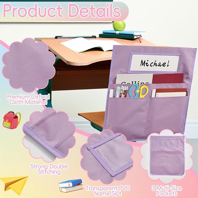 gisgfim 12 Pcs Chair Pockets for Classroom 16.7 x 19.3 Inch s with Name Tag Chairback 3 Pockets Chairs Seat Back Organizer for Elementary School Daycare Home Supply (Pastel) - Image 3