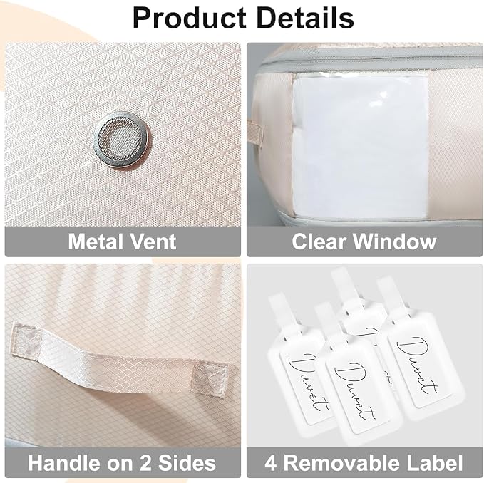 DIMJ Comforter Storage Bag - Large Capacity Ultra Space Saving Self Compression Organize for Duvet, Pillow, Bedding, Blanket Storage Organizer Nylon Compression Bags, Beige, 4 Pack - Image 6