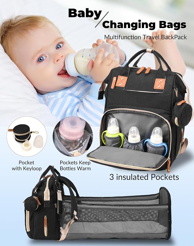 Diaper Bag with Changing Station, Waterproof 3 in 1 Diaper Backpack with Foldable Changing Pad, Insulated Bottle Holders,Large Travel Backpack for Mom & Dad, Baby essentials,Black - Image 2