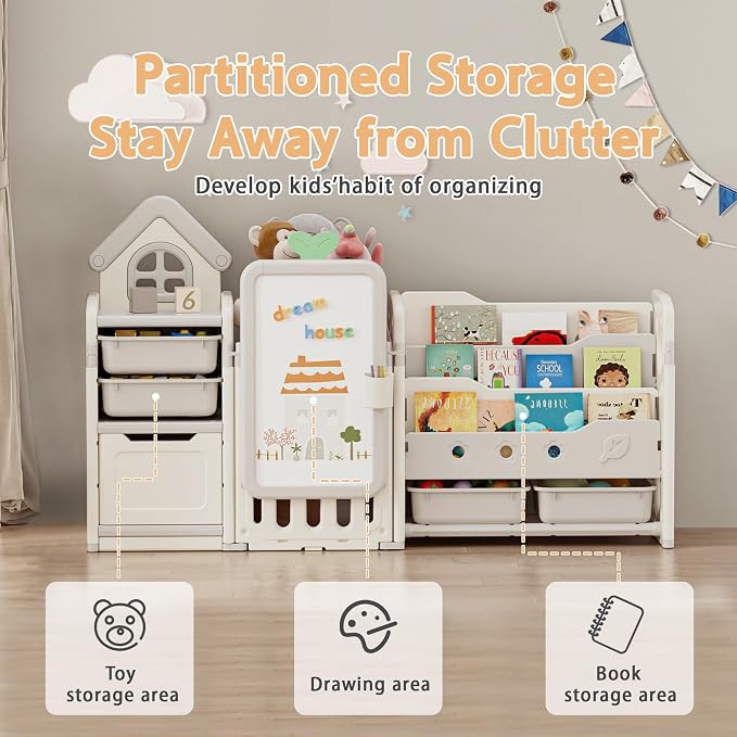 Kids Toy Storage Organizer with 10 Removable Bins, Foldable Toy Organizers and Storage with 3-Tier Bookshelf for Kids Toy Storage Organizer with Drawing Board, Extra 3 Brushes (3 In 1 Off-white) - Image 5