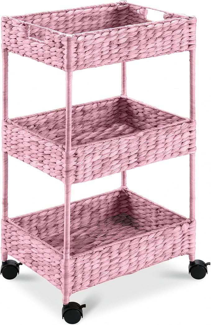 Best Choice Products 3-Tier Water Hyacinth Rolling Nursery Caddy w/Wheels, Utility Cart, Storage Organization for Bathroom, Craft Room, Laundry Room - Pink by BestChoiceProducts