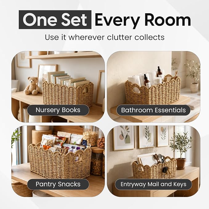 ByteX Scalloped Basket Set (2 Large Baskets) Seagrass Wicker Storage Baskets for Nursery & Kids Books | Decorative Scalloped Edge Rattan Style Book Basket for Toys, Shelves & Decor - Image 6