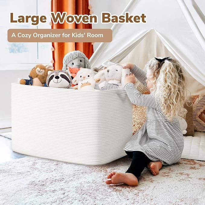 Goodpick 105L Extra Large Woven Rope Blanket Basket, Rectangle, White | 25'' x 16'' x 16'' Storage Basket for Blankets & Clothes, Living Room, Bedroom & Nursery Organization, Reinforced Handles - Image 2