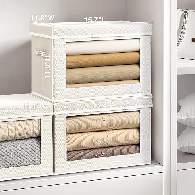 Storage Bins with Lids, 4 Pack Large Storage Cubes with Window, Closet Bins with Lids & Handles, Fabric Box for Organizing Clothes, Towels, Books, Beige - Image 2