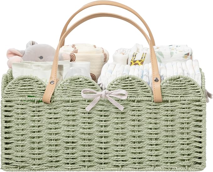 HBlife Large Baby Diaper Caddy, Paper Rope Scalloped Storage Baskets Nursery Bin with Removable Divider, Portable Car Organizer for Diapers, Baby Shower Gifts, Newborn Essentials Must Haves, Green by HBlife