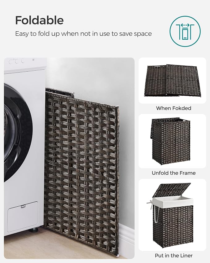 SONGMICS Laundry Hamper with Lid, 23.8 Gallon (90 L) Synthetic Rattan Clothes Laundry Basket with Lid and Handles, Foldable, Removable Liner, Chestnut Brown ULCB051K02 - Image 8
