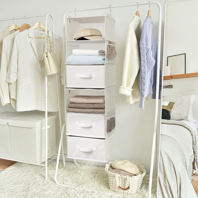 GRANNY SAYS Hanging Closet Organizer, 5 Drawers, 6 Shelves, 4 Pockets | Hanging Closet Organizer with 5 Different Drawer Designs, 6 Shelves & Reinforced Structure for Organized Small Spaces, White - Image 7