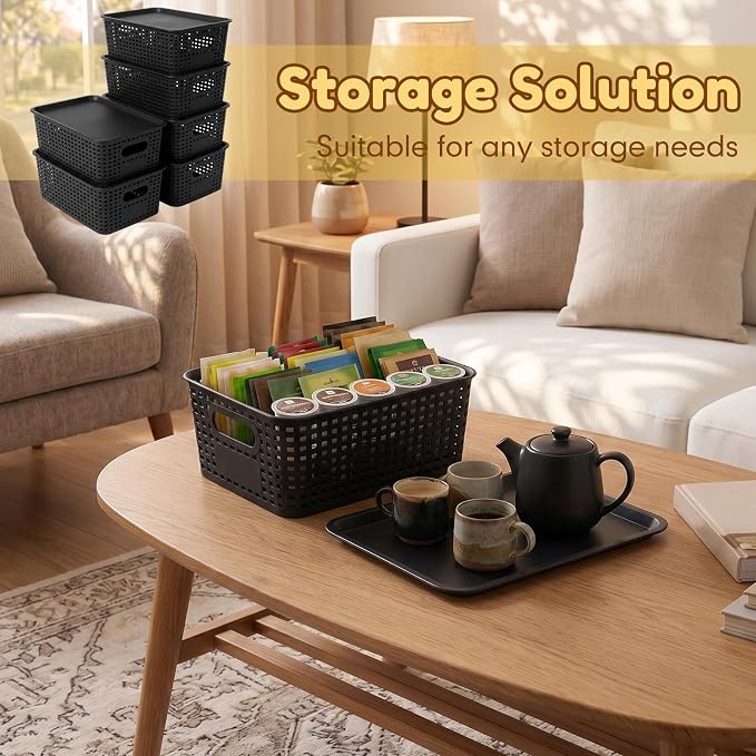 12 Pack Plastic Storage Baskets with Lids Stackable Organizing Bins Storage Baskets Organizers and Containers for Closet, Pantry, Office, 10.2 x 7.2 x 4.1 Inches(Black) - Image 6