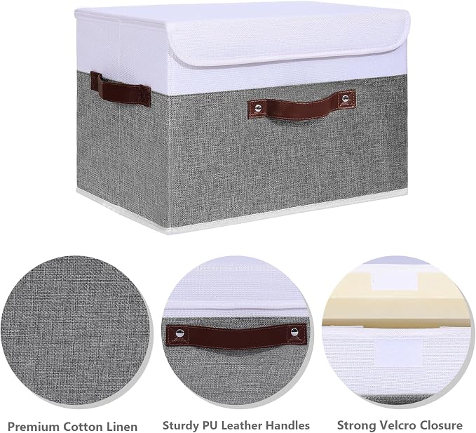 ANMINY Fabric Storage Box Bins with Lids, Gray White, 15"x10"x10", 4 Pack | Keepsake Memory Storage, Cotton Linen, PP Board Reinforced, Washable, PU Handles, Foldable & Stackable, Decorative, Large - Image 4