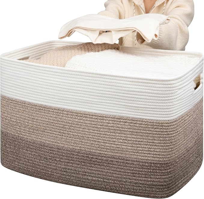 OIAHOMY 118L Extra Large Blanket Basket, Rectangle Woven Cotton Rope Storage Basket,Used for storing Dirty Clothes, Stuffed Animal Toy Storage for Living Room,Kids Room,25" x 17" x 16", Gradient Brown by MasterofSpaceOptimization