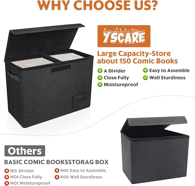 YSCare 2-Pack Comic Book Storage Boxes, Collapsible Comics Book Case with Dividers and Carrying Handles, Comic Short Box Holds 150 Comics, 15.5" X 7.5" X 11.3" Heavy-Duty Stackable Case - Image 2