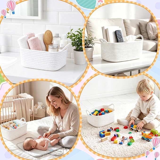 10 Pack Empty Gift Baskets, 12x8x5 Small White Woven Cotton Rope Baskets with Gift Bags & Ribbons, Decorative Baby Shower Hamper, Nursery Storage Basket with Handles for Shelves - Image 8