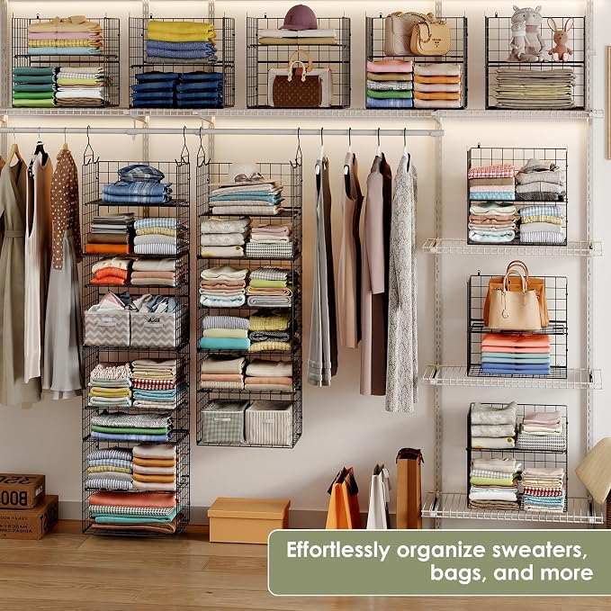 Hanging Closet Organizer and Storage - 8 Tier Closet Hanging Organizer Shelves, Metal & Foldable Hanging Storage Organizer Baskets with Adjustable Dividers for Clothing Sweaters Shoes Handbags - Image 3