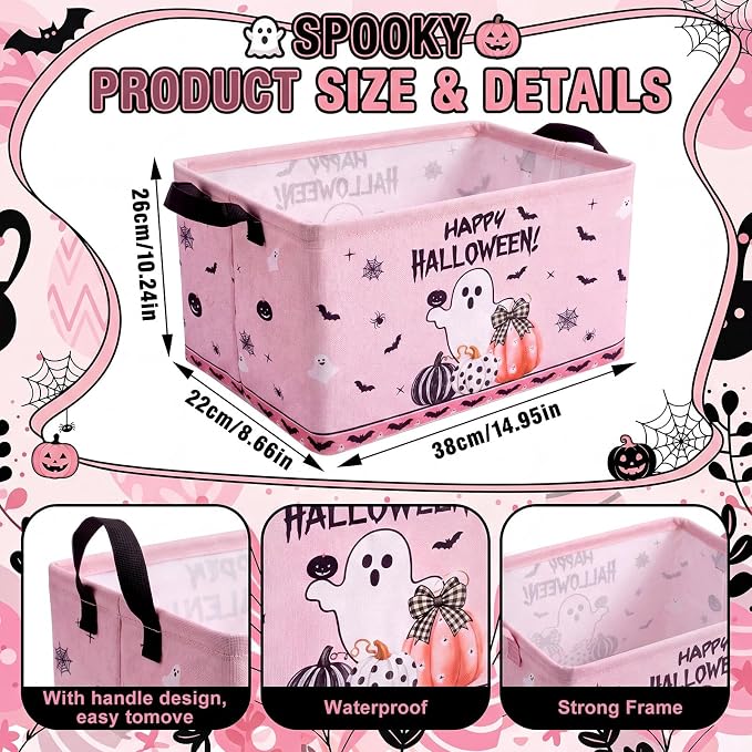 CHENGU 6 Pcs Halloween Storage Bin Collapsible Pink Ghost Basket for Gifts Spooky Pumpkin Decor Large Halloween Basket Farmhouse Foldable Bat Box with Handle for Nursery Bedroom Office Home Party - Image 2