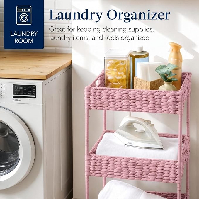 Best Choice Products 3-Tier Water Hyacinth Rolling Nursery Caddy w/Wheels, Utility Cart, Storage Organization for Bathroom, Craft Room, Laundry Room - Pink - Image 6