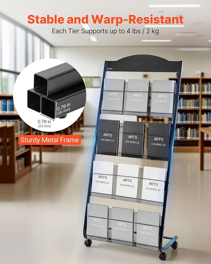 VEVOR Brochure Display Rack, 4-Tier Magazine Literature Display Stand with Wheels, Movable Floor Standing Magazine Rack, Heavy Duty Newspaper Catalog Holders for Shop Exhibitions Office Craft Fairs - Image 3